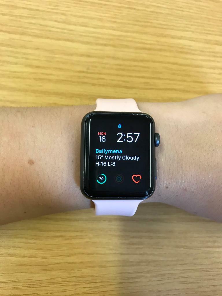 space gray apple watch pink band